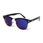 Wholesale 1950s Half Rim Sunglasses - Black Frame, Blue Mirrored Lens