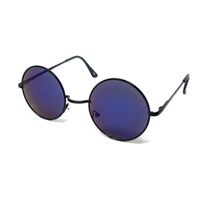 Wholesale Round Lens Sunglasses - Black Frame, Blue Mirrored Lens