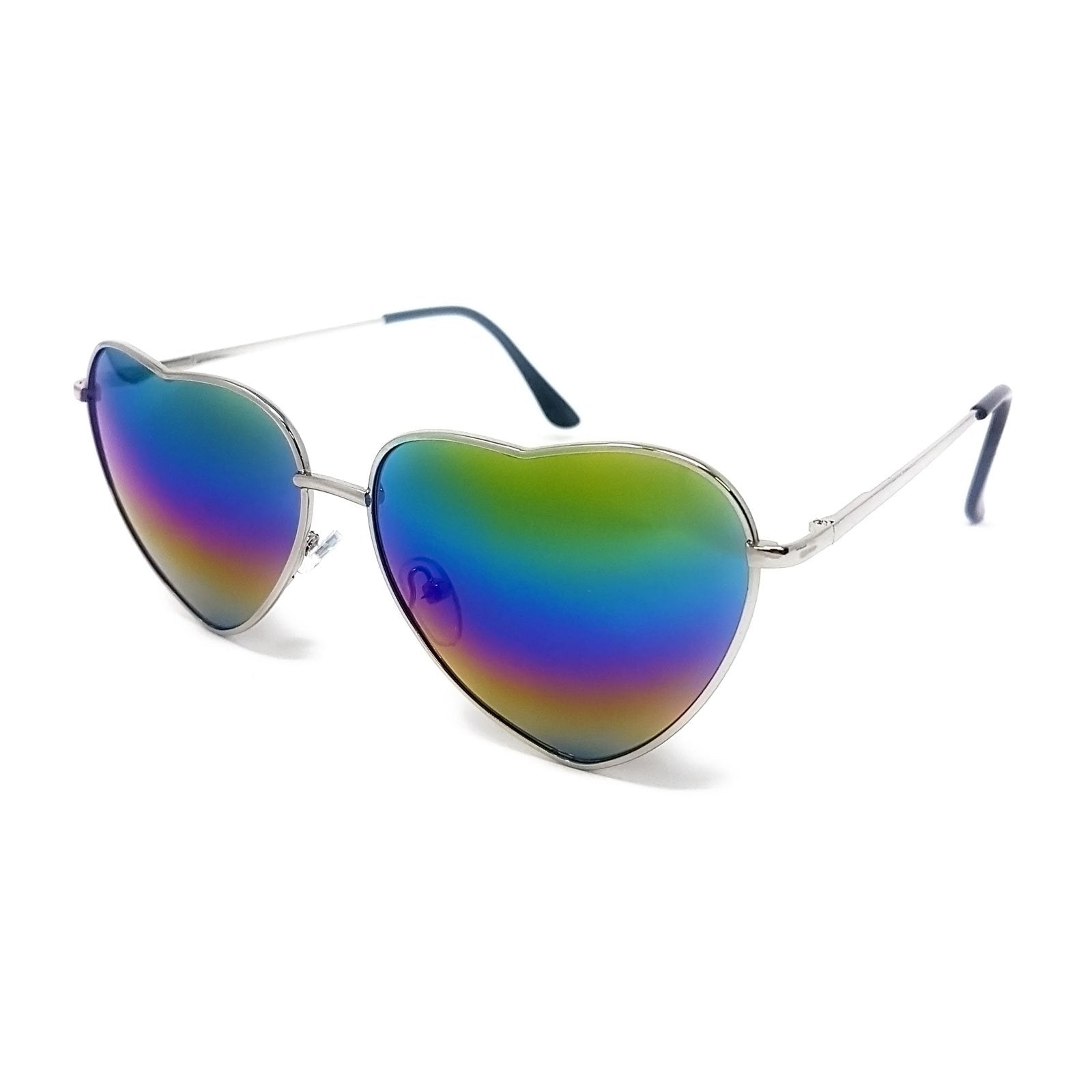 Wholesale Heart Shape Sunglasses - Silver Frame, Rainbow Mirrored Lens