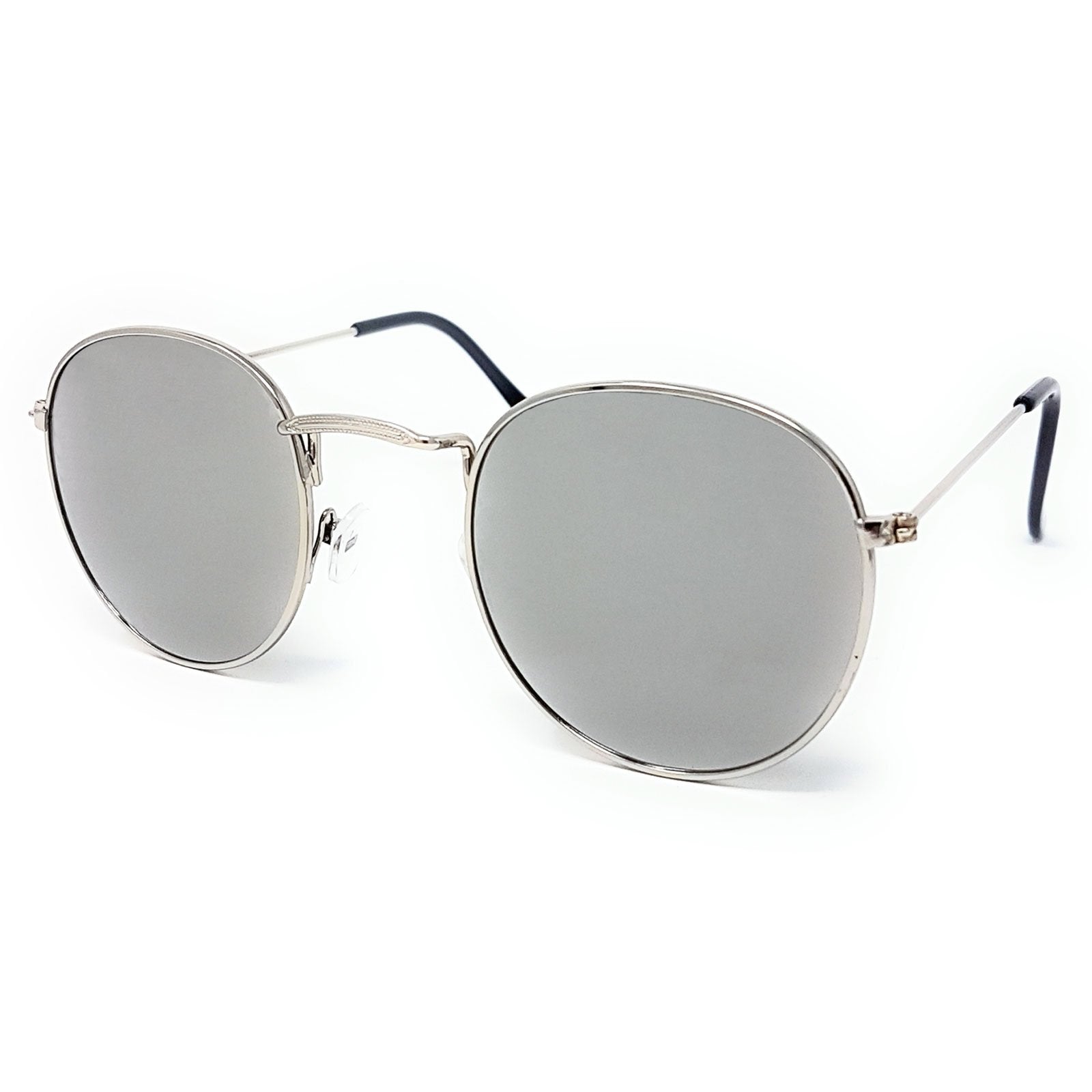 Wholesale Flat Top Round Lens Sunglasses - Silver Frame, Silver Mirrored Lens